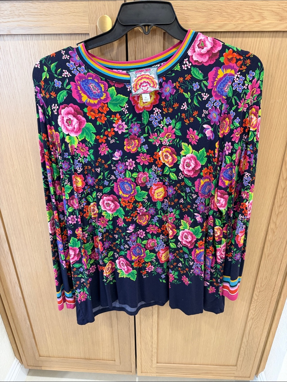 Johnny Was Navy Floral Long-Sleeve Tee with Rainbow Trim